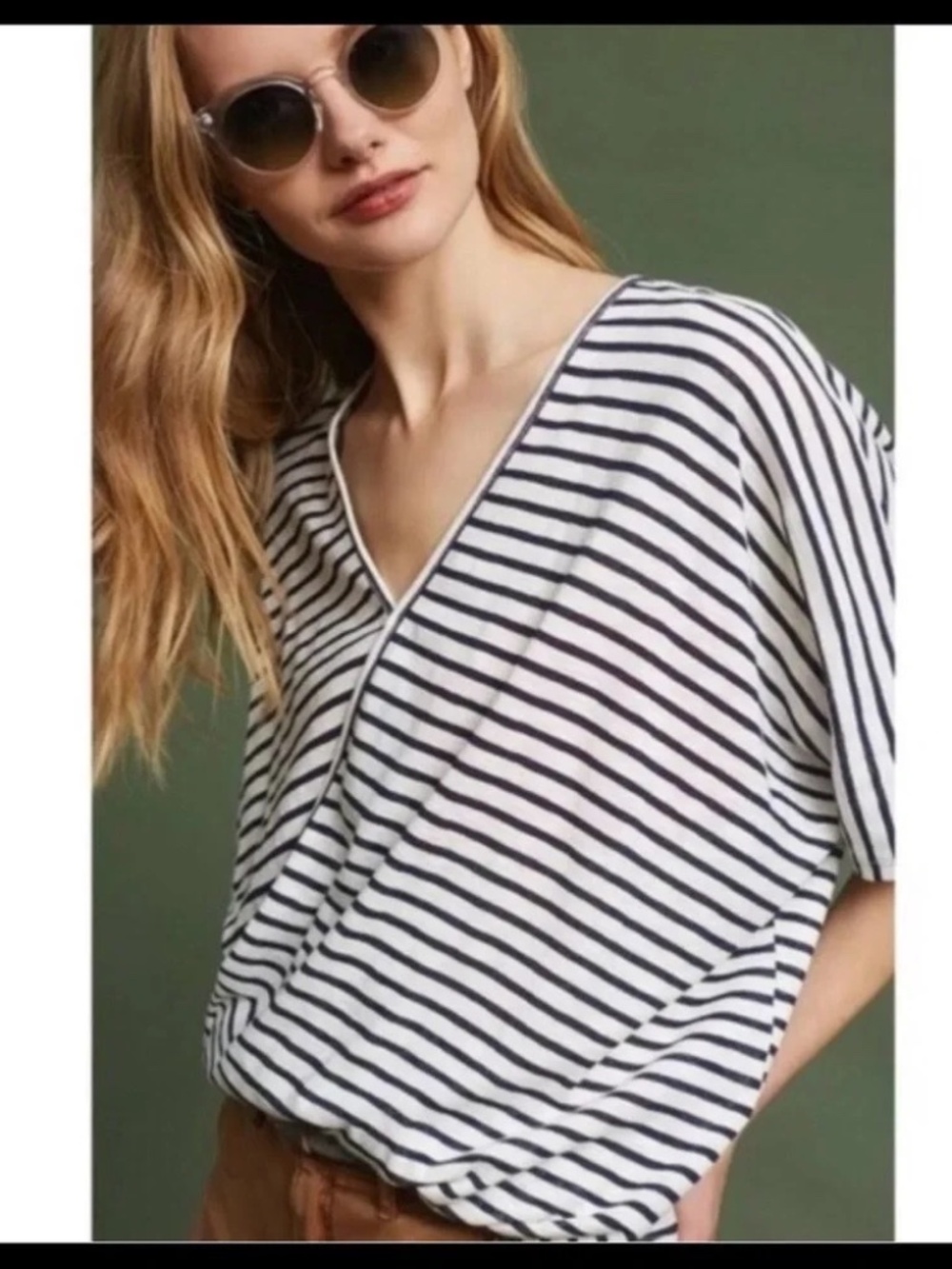 Anthropologie Eri + Ali Joceline Striped Faux Wrap Top Navy blue white stripe
